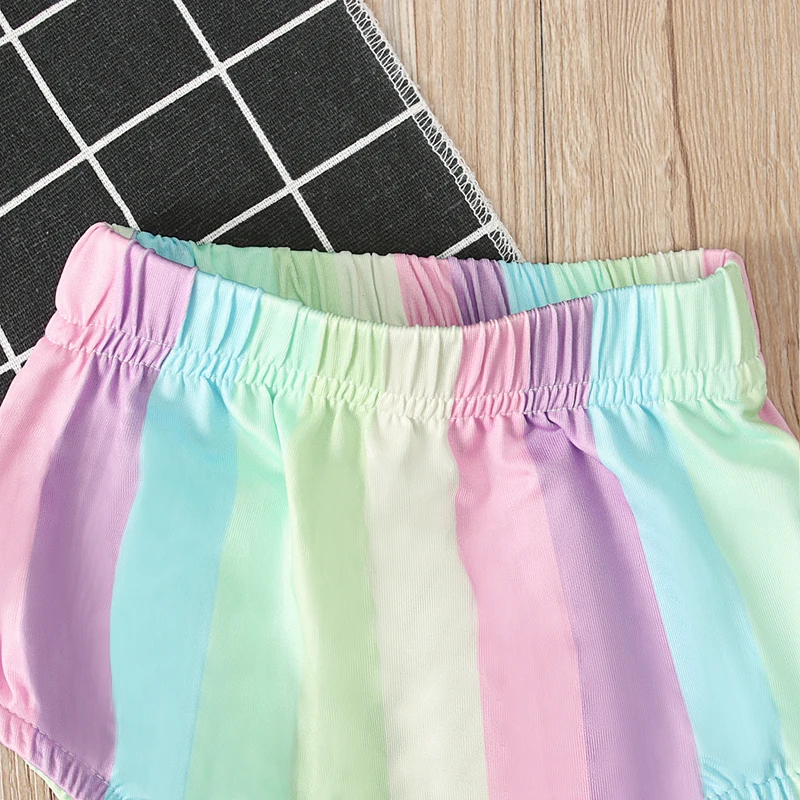 Летняя детская одежда для маленьких девочек Повседневная футболка без рукавов с принтом радуги топы+ шорты комплект из 2 предметов, костюм