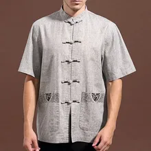 Модная китайская мужская светло-серая хлопковая льняная кунг-фу Рубашка с вышивкой с карманом M L XL XXL XXXL M888-3