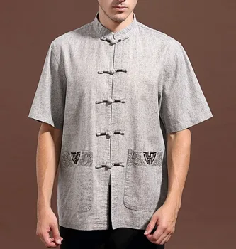 

Fashion Chinese Men's Light gray Cotton Linen Kung-Fu Embroider Shirt with Pocket M L XL XXL XXXL Free Shipping M888-3