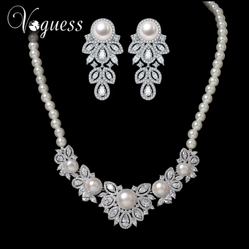 

VOGUESS Simulated Pearl Bridal Jewelry Sets Fashion Crystal Cz Wedding Choker Necklace Earring Sets for Women with Gift Box
