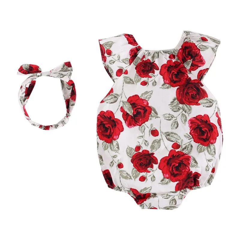 

Floral Sleeveless Cute Rompers Rose Print + Hair Band Romper Suit Red Round Neck Sleeveless Triangle 0-36M Romper