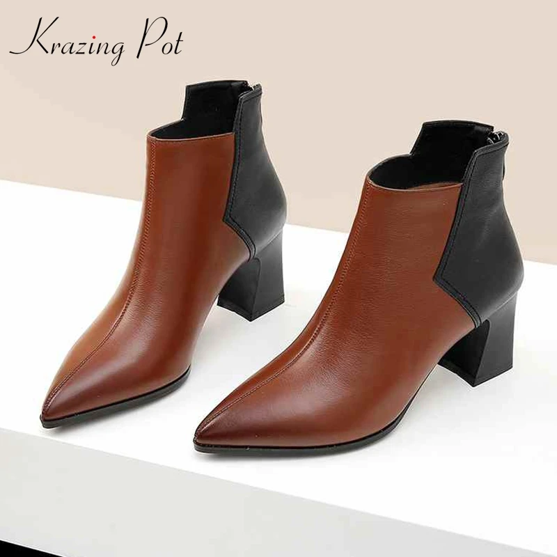 

Krazing Pot natural cow leather mixed color ankle boots handmade big size high heel European pointed to fashion ankle boots L1f5