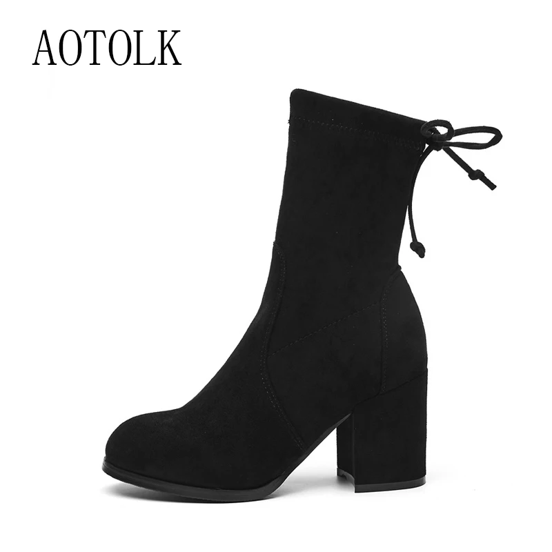 

Women Boots Ankle Winter Shoes Female Lace Up Boot Thick Heels Stretch Fabric Female Boots Round Toe Casual Shoes 2019 DE