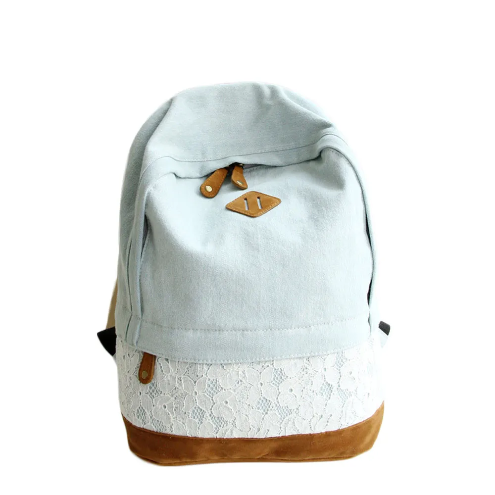 Korean Floral Lace Denim Canvas Printing font b Backpack b font Women School Bags for Teenage