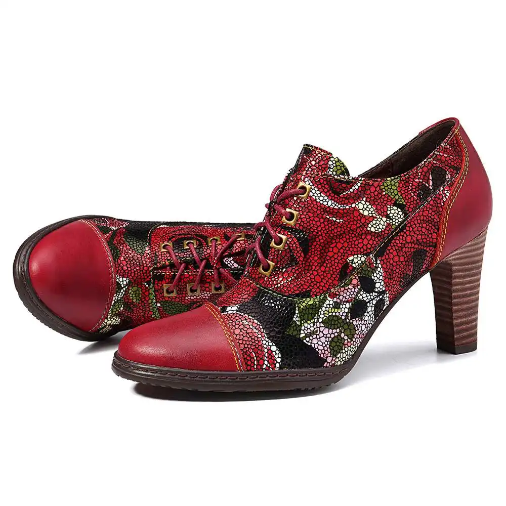 SOCOFY/Стильные туфли-лодочки из натуральной кожи на высоком каблуке 8 см со шнуровкой и цветком; Ботильоны на молнии
