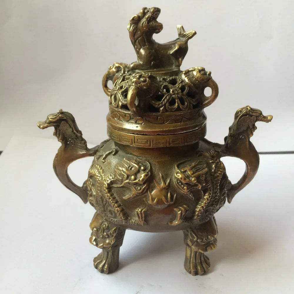 

Chinese collection of ancient bronze decoration dragon tiger incense burner metal handicraft