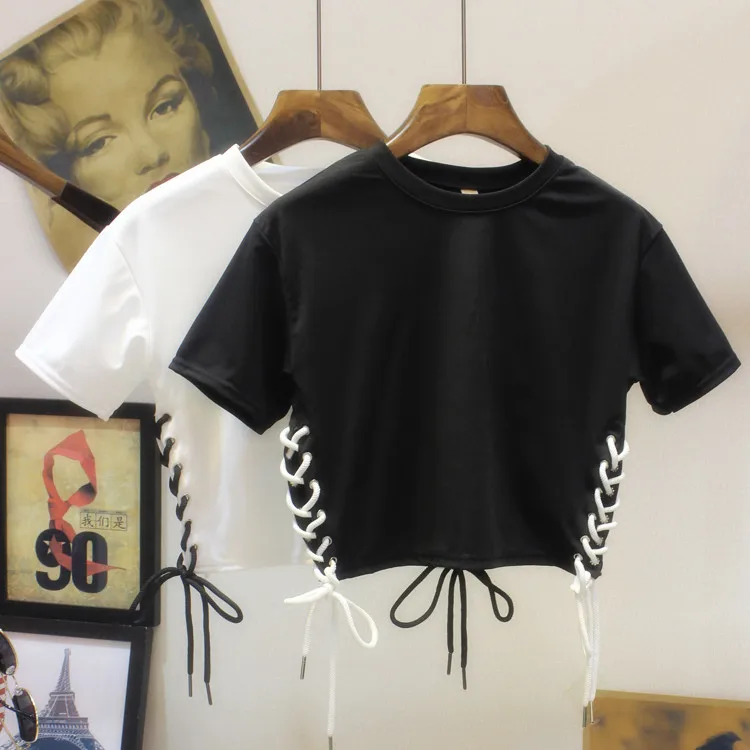 Летняя женская короткая хип-хоп Футболка боковая Бандаж с вырезами укороченные топы для девушек стиль уникальный стиль открытый пупок футболки футболка femme