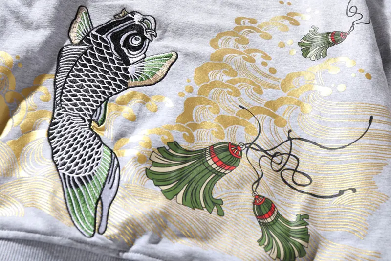 Embroidery Carp Fish Waves Printed Hoodies 12