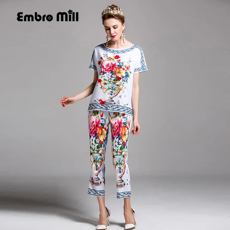 High end mulheres floral mulheres definir camisa da cópia do vintage top + calças do Tornozelo comprimento de moda flores de luxo senhora 2 peça beading set S XL