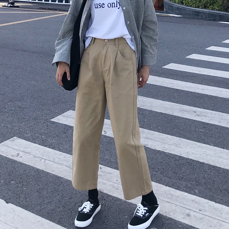 

2019 Spring New Korean Loose High Waist Tooling Casual Pants Wide Leg Pants Nine Straight Leg Pants Trousers Female LDL63