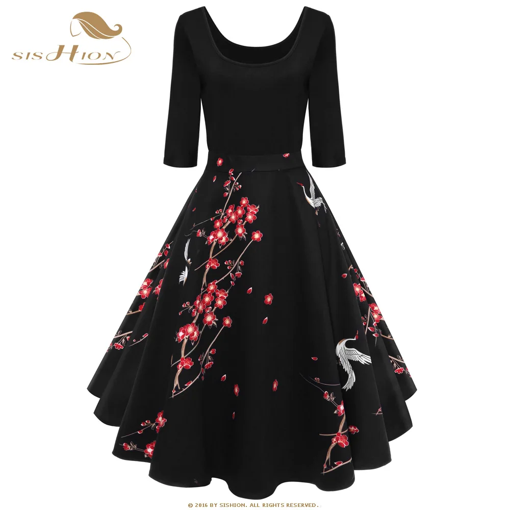 plum flower SISHION Хепберн 50 s качели Винтаж платье Для Женщин Половина рукава и шеи хлопка Цветочный принт черные осенние платье VD0928 - Цвет: plum flower