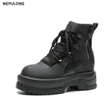 NEMAONE 2018 new Cow leather Flat women ankle boots woman lace up motorcycle boots winter platform shoes woman large size 42