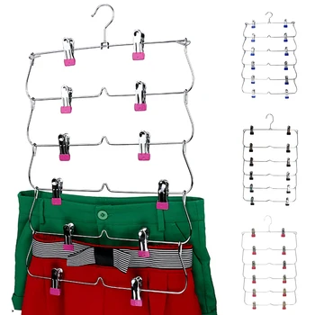 

6 Tier Skirt Hangers Pants Hangers Closet Organizer Metal Fold up Space Saving Hangers, 3 Colors to Choose