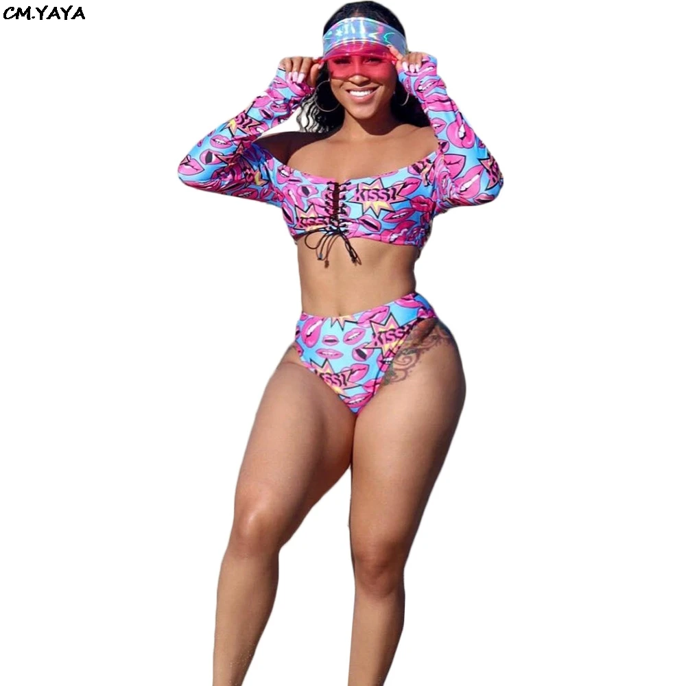 

2019 women summer kiss lip print off shoulder long sleeve lace up crop top panties 2pcs set beach bodysuit outfit A8056