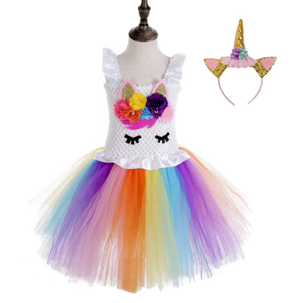 

Flower Girl Tutu Dress Bustle Unicorn Clothes Girls Lace Shoulder Strap Pony Knee Length Birthday Party Dress for Purim Carnival