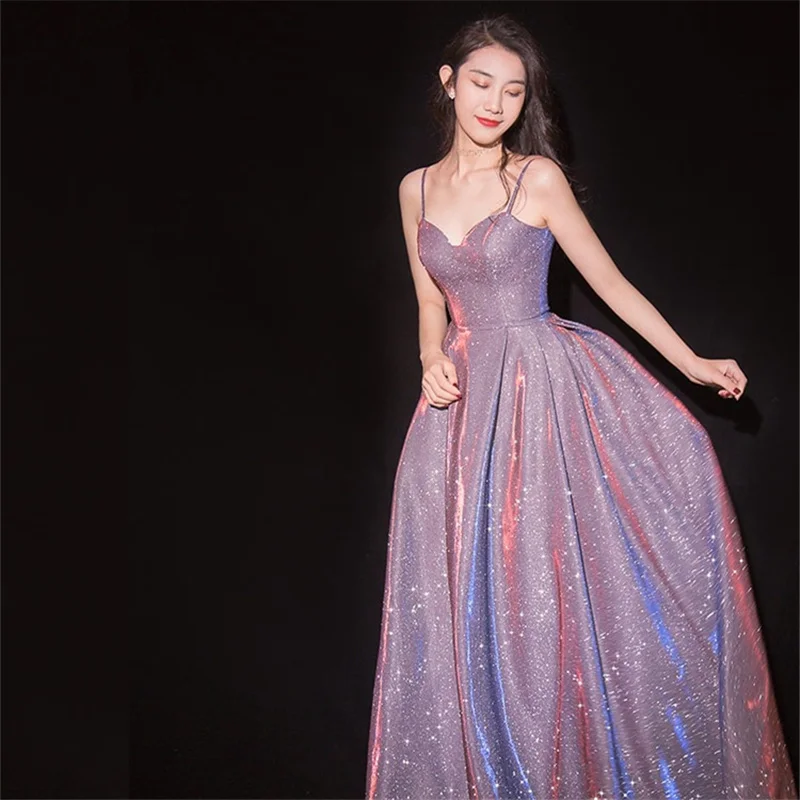 Это YiiYa вечернее платье Спагетти ремень сексуальные фиолетовые Формальные платья блестящие звезды без бретелек Длинные вечерние платья E087