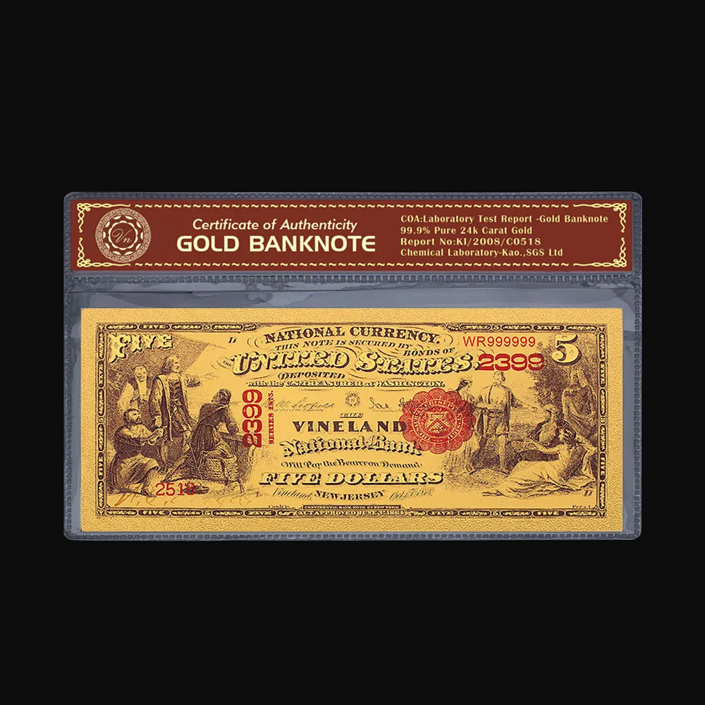 Золотая банкнота в США 1875 года $5 долларов покрытая золотом искусственная
