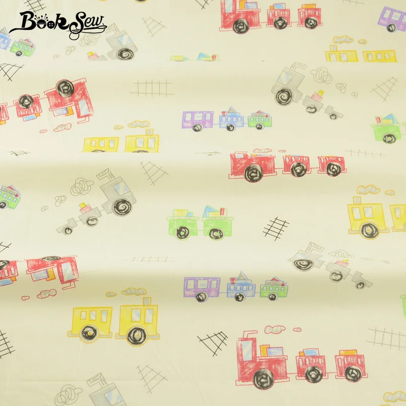 

Booksew New Arrival Beginner Practice Colorful Trains Pattern Bedding Set Beige Cotton Twill Fabric Home Textile Bedding Set