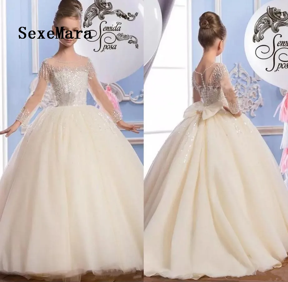 Luxe Parels Meisjes Eerste Communie Jurk Tulle Sheer Lange Mouwen Prinses Kinderen Jurken Bloem Meisje Jurk voor Bruiloft Luxe Parels Meisjes Eerste Communie Jurk Tulle Sheer Lange Mouwen Prinses Kinderen Jurken Bloem Meisje Jurk voor Bruiloft