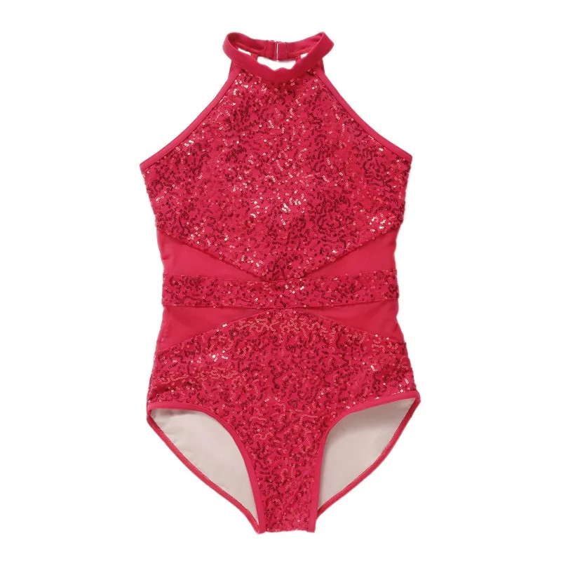 

Women Gymnastics Practice Dance Clothes Sequins Mesh Splice Body Suit for Dance Ballet Red Sliver Black