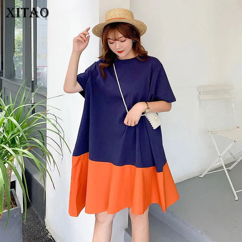 

XITAO Plus Size Patchwork Midi Dress Contrast Color Women Clothes 2019 Pullover Dress Simple Loose Summer New WLD2087