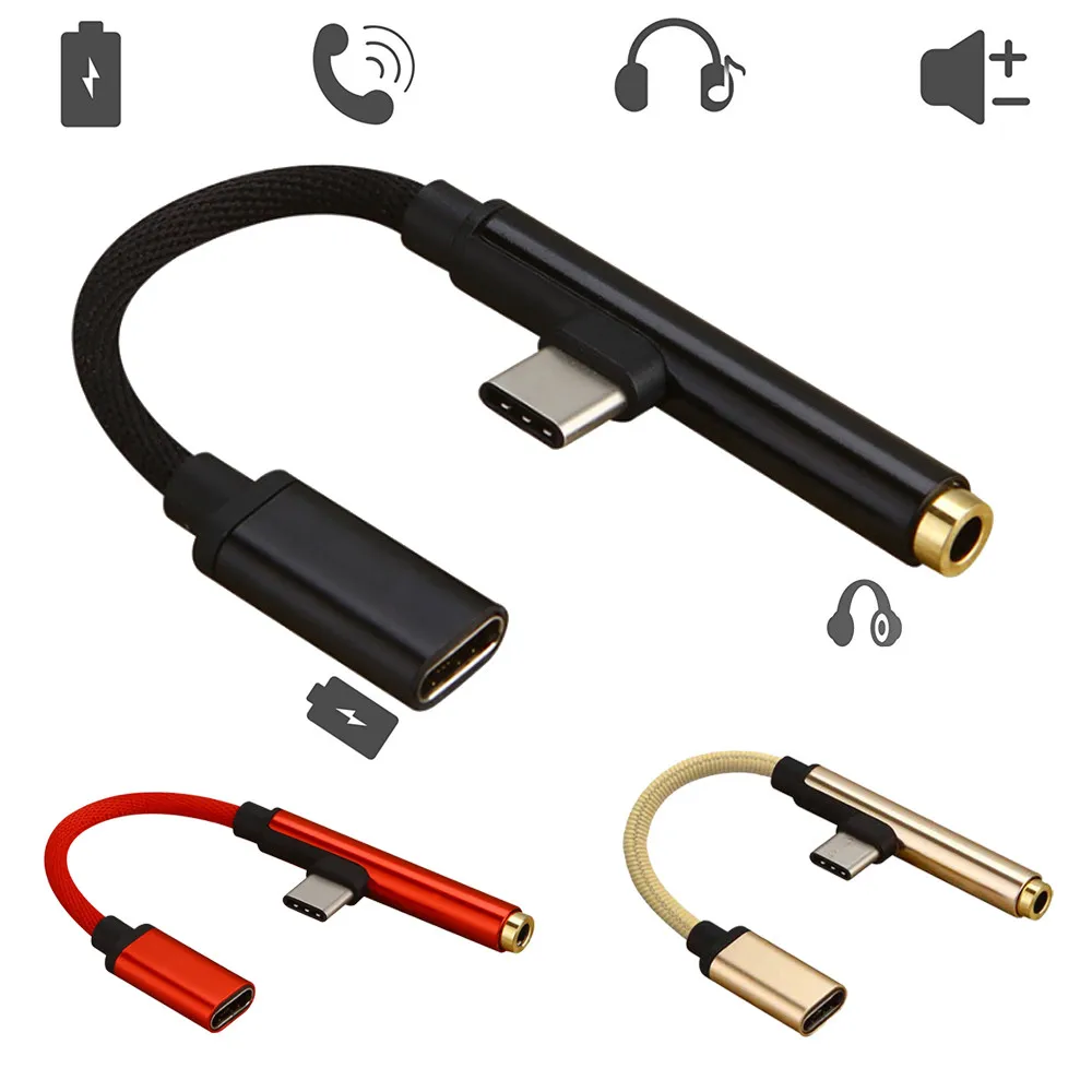 

2019 Fashion 2 in 1 Nylon Braided Charge USB C to 3.5mm Audio Headphone Type C Audio Splitter for Motorola Moto Z for HTC series