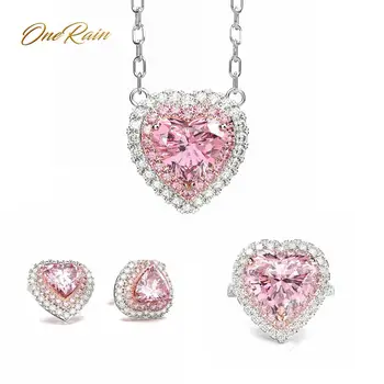 

OneRain Romantic 100% 925 Sterling Silver Heart Pink Sapphire Gemstone White Gold Earrings Ring Necklace Jewelry Set Wholesale