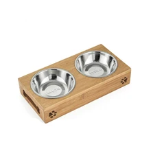 Pet Stainless Steel/Ceramic Feeding And Water Bowls Combination With Bamboo Frame For Dogs And Cats Bebedor Cachorro