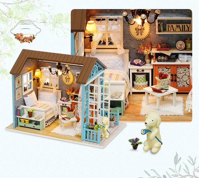 Симпатичный номер кукольный дом Миниатюрный DIY кукольный домик с мебелью в ретростиле, из дерева дом ручной работы, игрушка в подарок темно-синие раз Z007# E