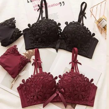 

Roseheart Women Fashion Red Sexy Lingerie Push Up Half Cup Wireless Lace Trim Panties Padded Bra Sets Underwear A B Appliques