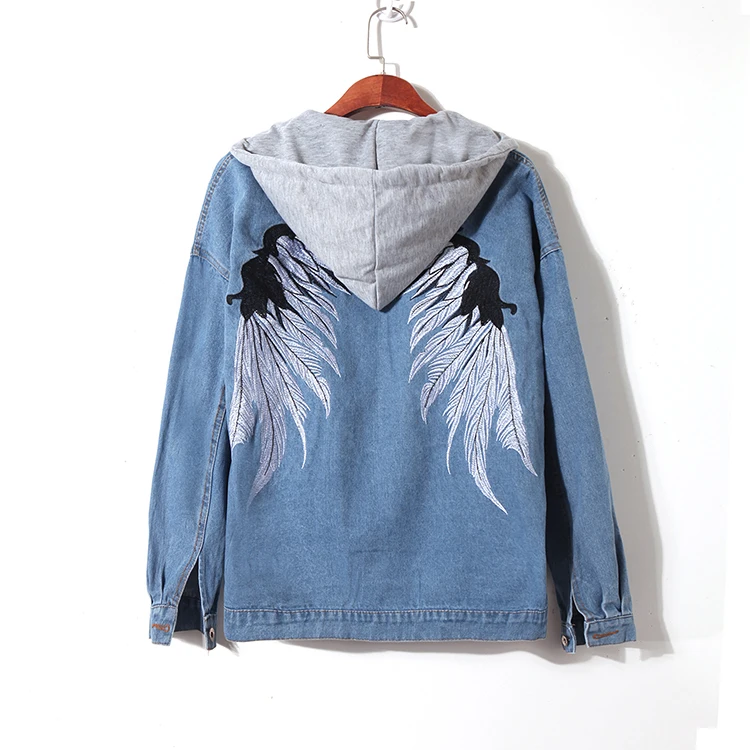 

Autumn Winter 2019 Fashion High street Women Long Sleeve Embroidery Wing Vintage Hooded Denim Coat Female Jacket A278