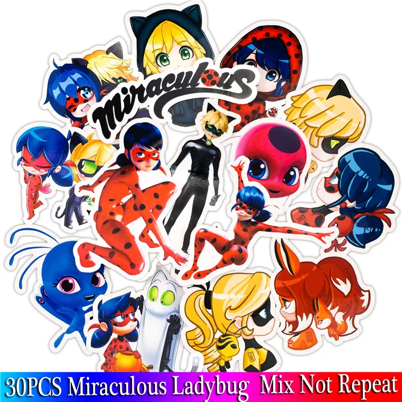 

30PCS Pack Miraculous Ladybug Stickers Set Funny Stickers For Kids Luggage Skateboard Laptop Cartoon Anime Stickers For Children