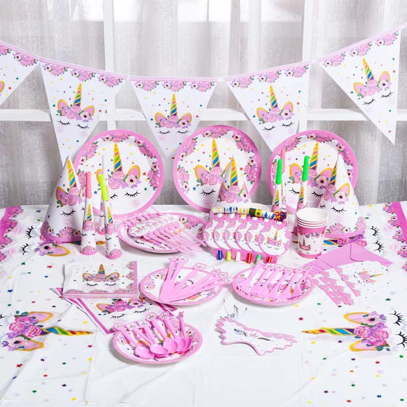 

Unicorn Disposable Tableware Paper Plate Cup Banner Napkins Unicorn Birthday Party Decoration Kids Favors Baby Shower Supplies