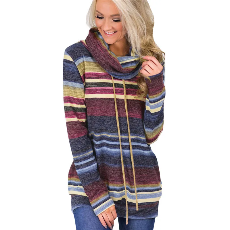 

Turtleneck Sweater 2019 Women Autumn Winter Long Sleeve Sweater Striped Multicolor Casual Pullover Lace Up Knitted Sweater Tunic
