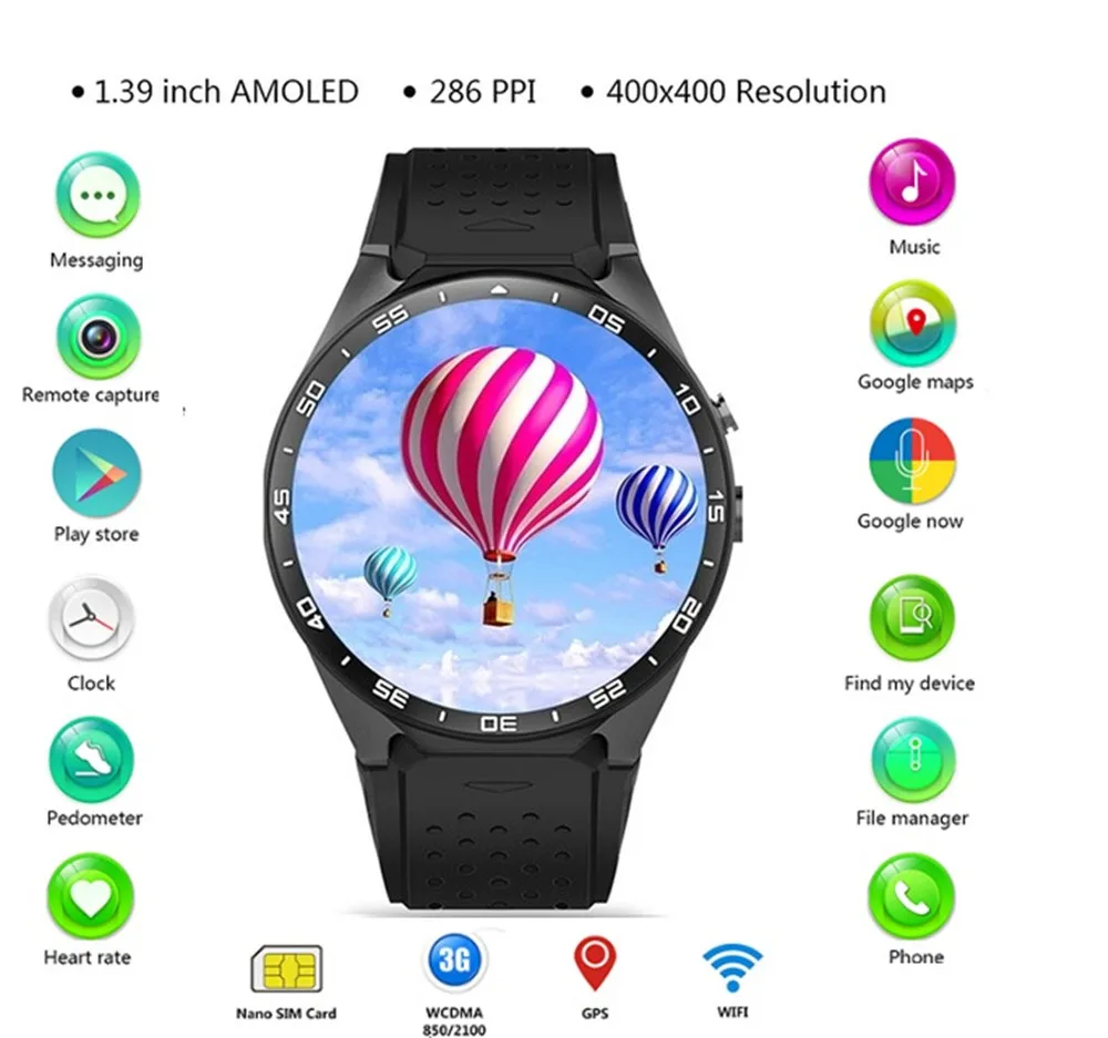 

696 Original KingWear KW88 Android 5.1 1.39'' Screen 3G Smartwatch Phone MTK6580 512MB 4GB GPS Pedometer Smart Watch Men