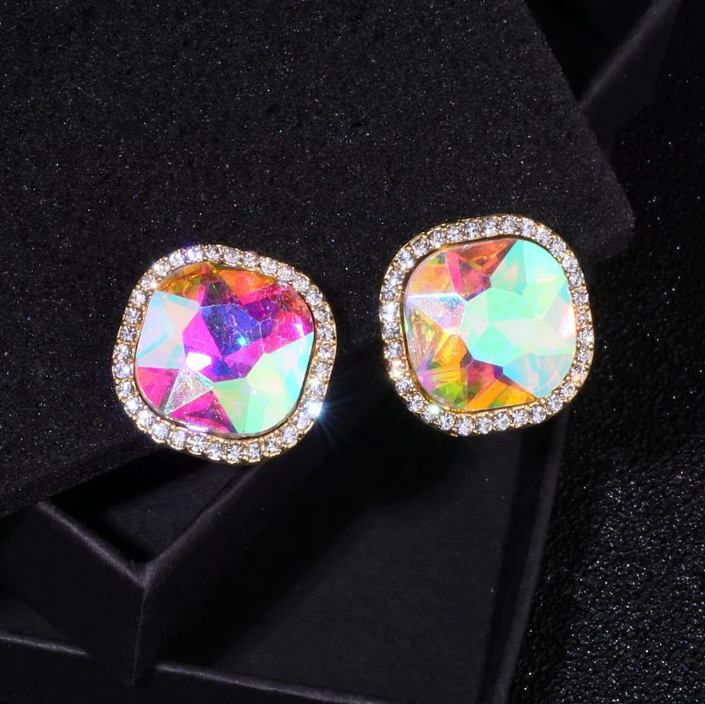 New Fashion Luxury Jewelry Colour Crystal Rhinestone Square Stud Earrings For Woman Gold Color Earring Accessories Brincos WX035