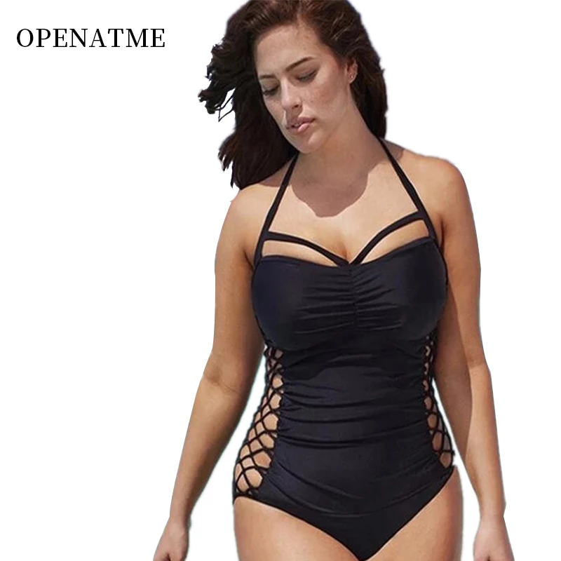 

OPENATME Swimwear Women One Piece Bikini Sports Swimsuit Solid Female Swimming Suit For Girls New Big Yards Fat Woman