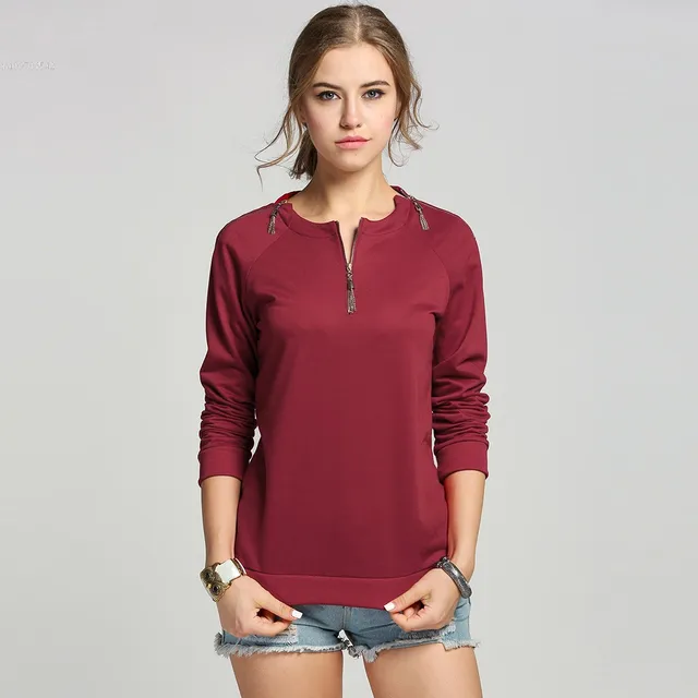 Women Fashion Round Neck Raglan Long Sleeve Solid Sweats Zip up Placket Pullover Sweatshirt-in 