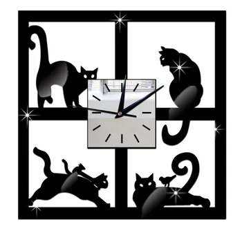 

3D Unique Cat Mirror Black Wall Clock Modern Design Home Environmentally friendly crystal decoration Decor Watch Wall Sticker