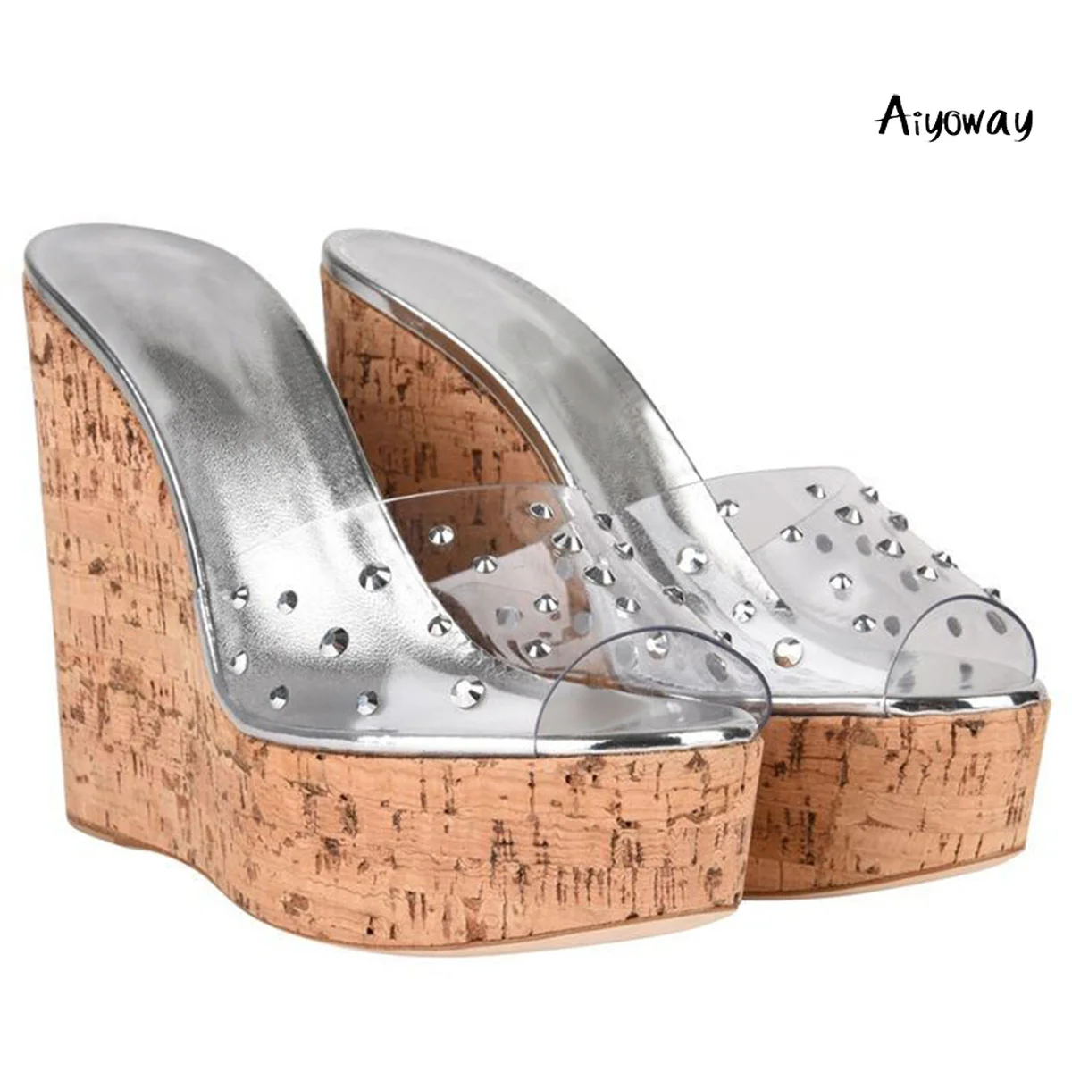 

Aiyoway 2019 Women Shoes PVC Peep Toe High Heels Platform Sandals Spring Summer Wedge Slippers Slip-On Silver Pink