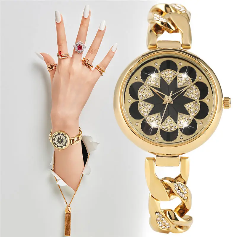 

Casual Women Wrtstwatch Golden Flower Ladies Bracelet Clasp Exquisite Female Clock Luxury 2019 Reloj Mujer
