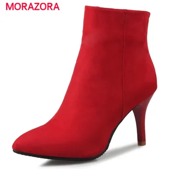 

MORAZORA Large size 34-46 women boots flock pointed toe high thin heels boots autumn zipper solid ankle boots fashion