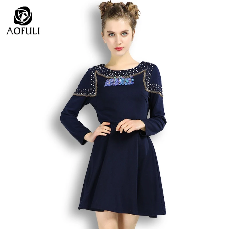 AOFULI S-Xxxl 4xl 5xl весенние платья с длинными рукавами бисером бриллиантовое женское