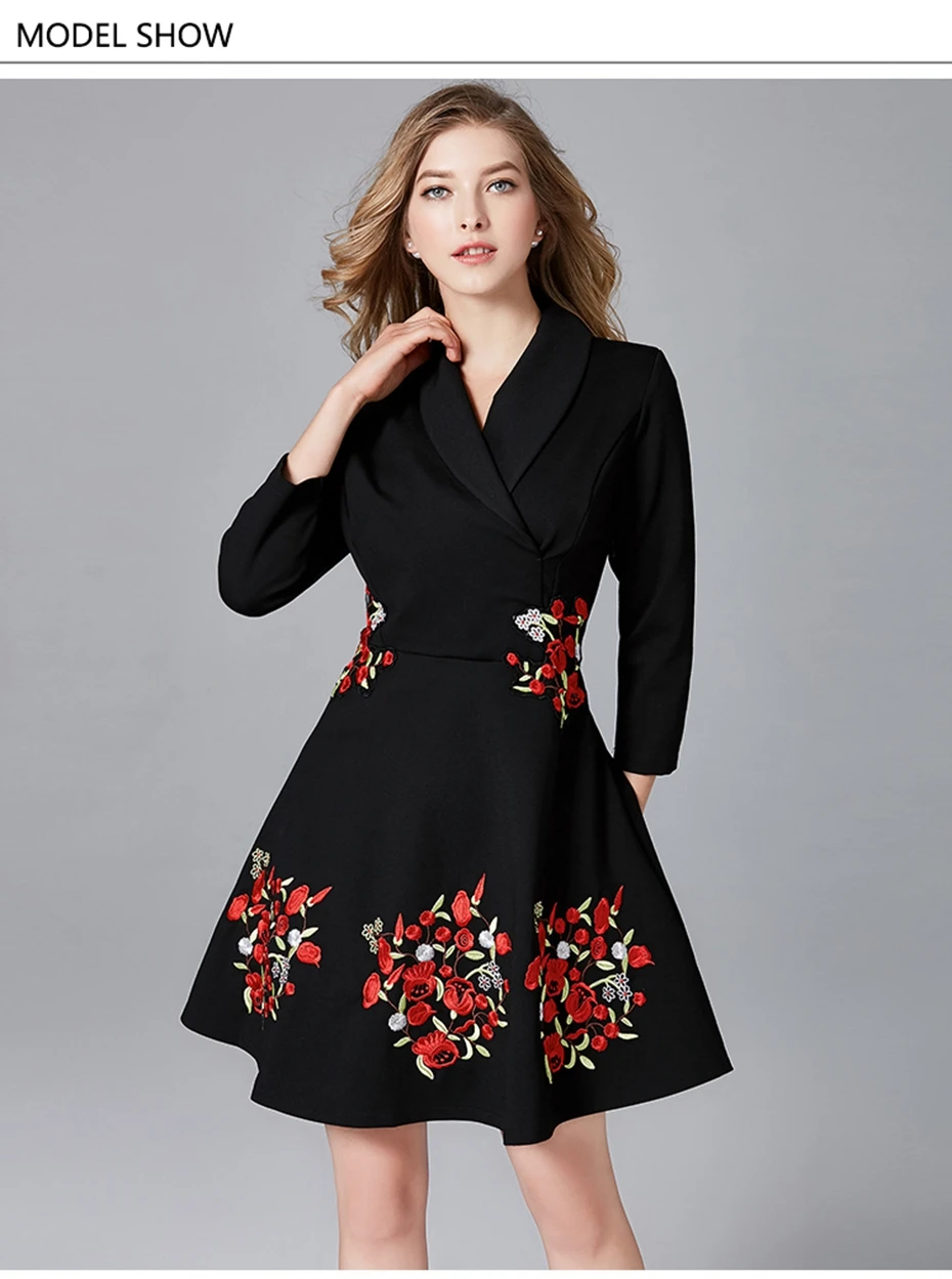 TAOYIZHUAI, женское платье, Осеннее, винтажный стиль, Цветочная вышивка размера плюс XL, v-образный вырез, облегающее и расклешенное, черное, женское платье 14232