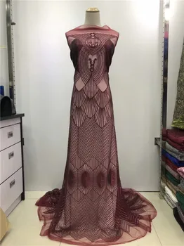 

2019 High Quality African Lace Fabric Gold , wine black French Net Embroidery Sequins Tulle Lace Fabric For Nigerian party Dress