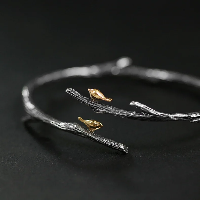 

INATURE Antique 925 Sterling Silver Cuff Bangles Fashion Jewelry Bird on Branch Open Bracelet