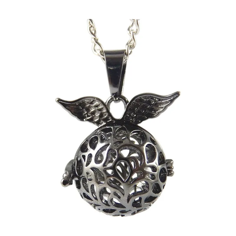 

Julie Wang 1PC Women Necklace Black Hollow Ball Shape Essential Oil Diffuser Perfume Oval Copper Locket with Wing Necklace