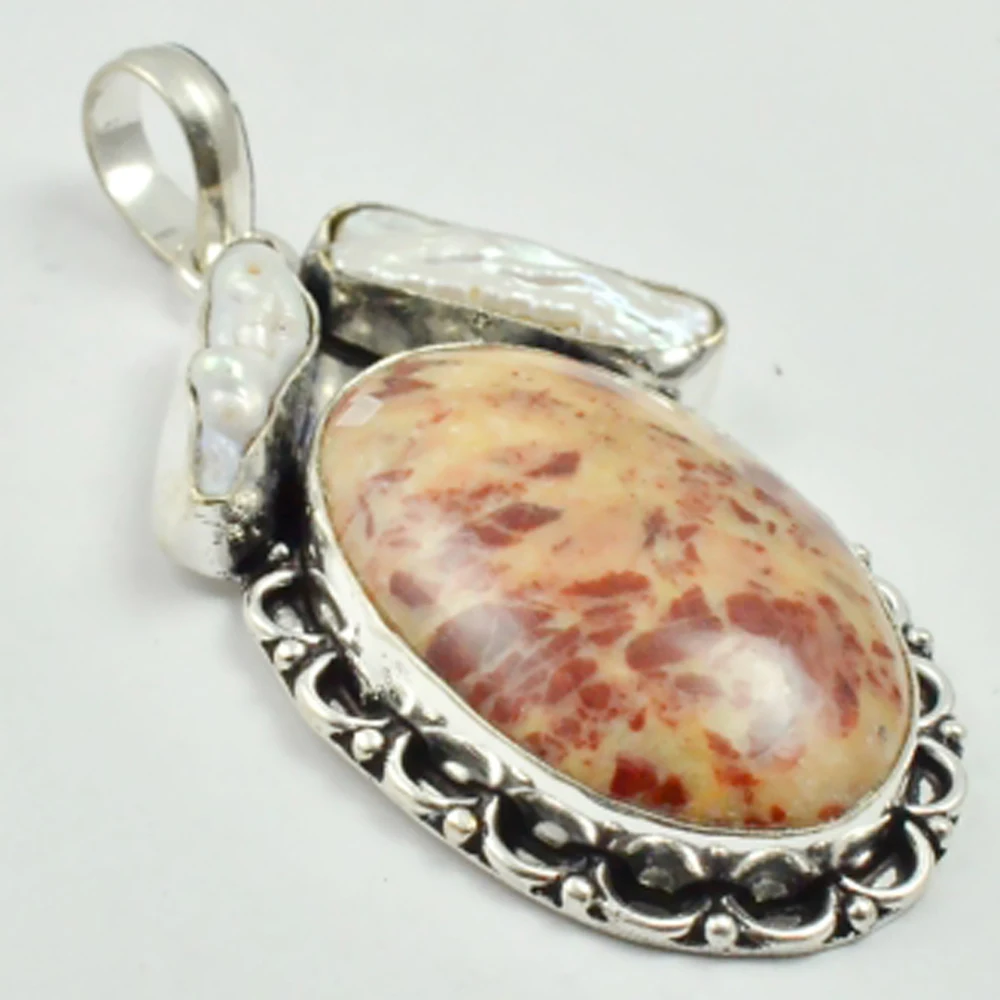 

Jaspers & Biwa Pearls Pendant Silver Overlay over Copper , 56 mm, P3139