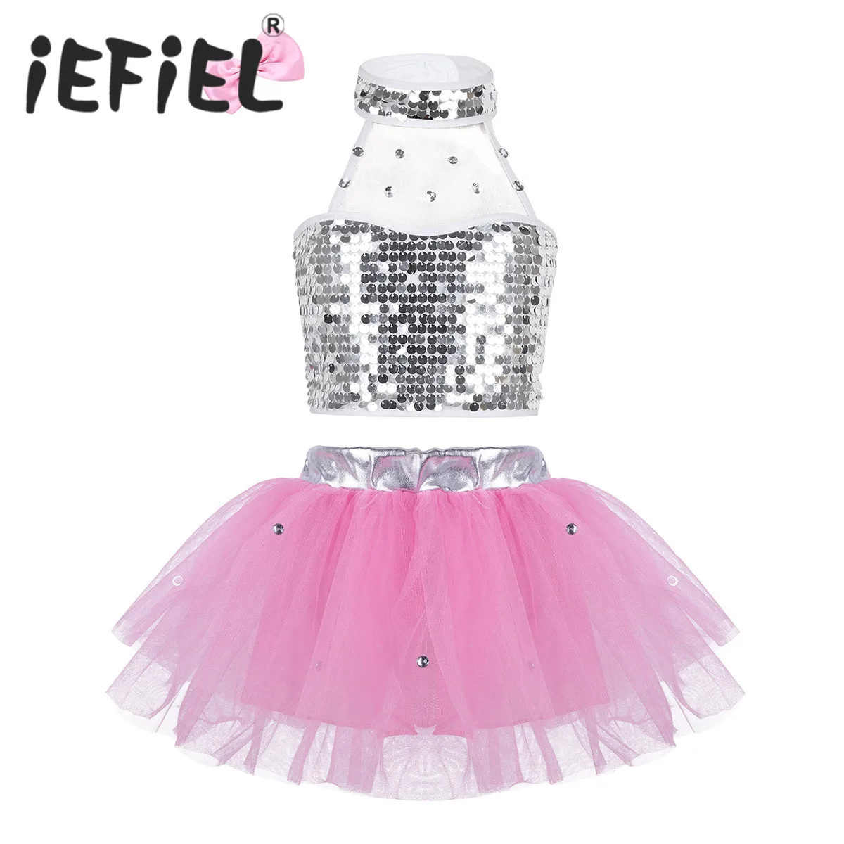 

Fashion Kids Girls Jazz Hip Hop Modern Dance Costumes Outfit Sequins Top with Rhinestone Mesh Tutu Dress Hair Clip Dancewear Set