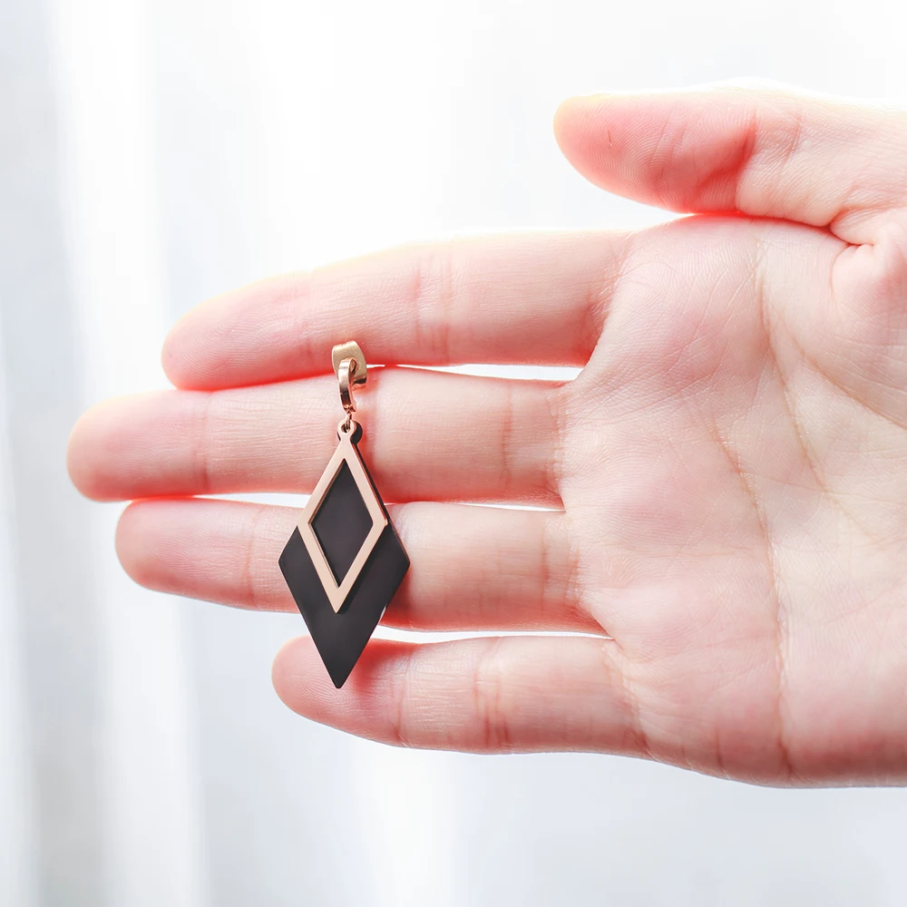 

Geometric Diamond Shaped Drop Earrings in Stainless Steel Black Rose Gold Stacking Earrings